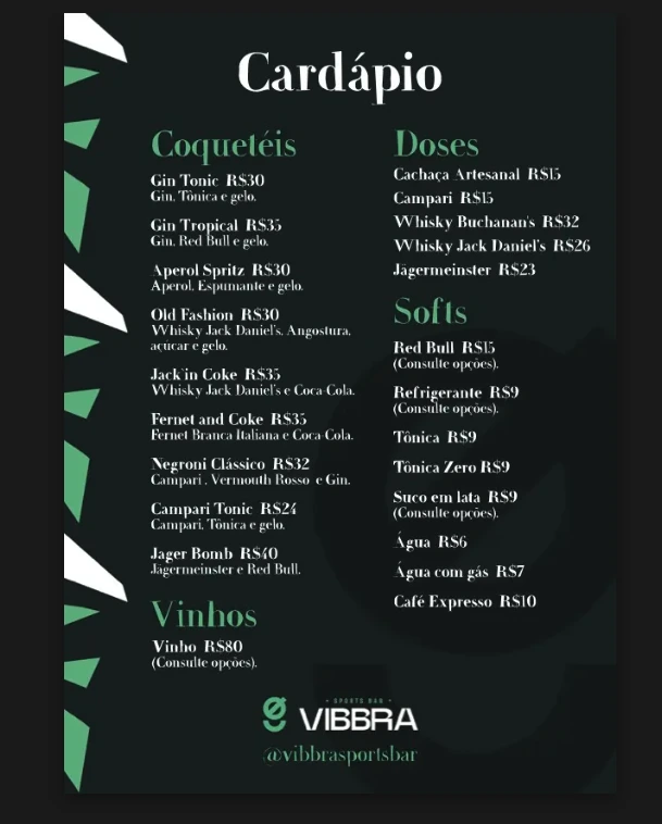 Cardápio de bebidas: coquetéis, doses, vinhos e sem álcool
