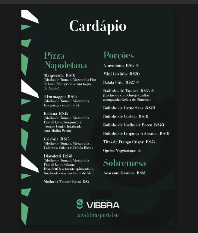 Cardápio de comidas: pizzas napoletanas, porções e sobremesa